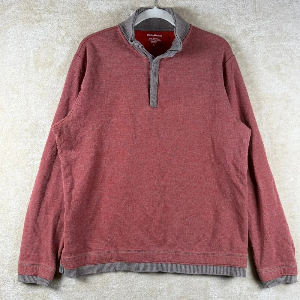 Banana Republic Mens Red Heathered Ribbed 1/4‎ Zip Pullover Sweatshirt Size L